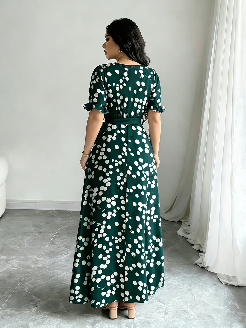Women'S Printed Round Neck Casual Waist Dress - Green