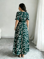 Women'S Printed Round Neck Casual Waist Dress - Green