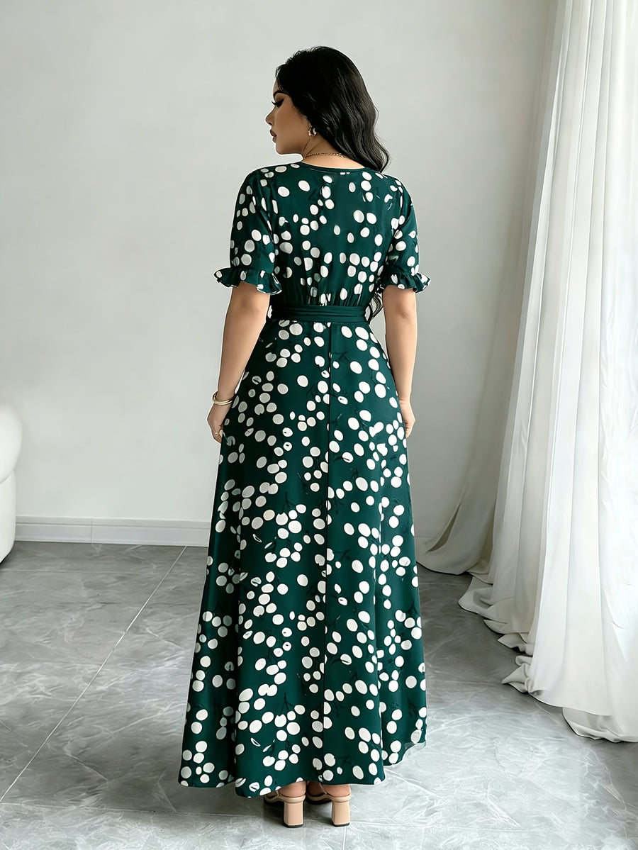 Women'S Printed Round Neck Casual Waist Dress - Green