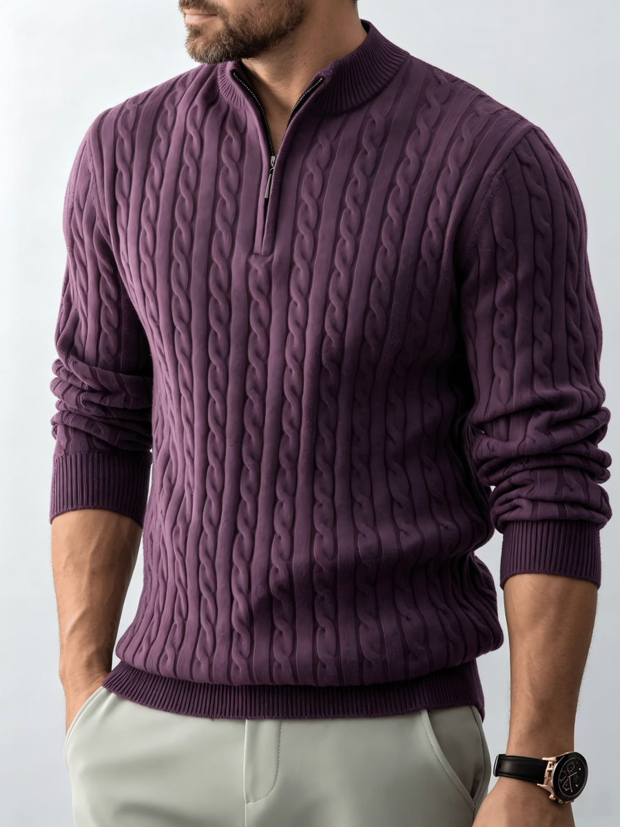 New Spring/Autumn Men's Half-Zip Stand Collar Cable Knit Long-Sleeve Sweater. The Stand Collar and Half-zip Design with Three-dimensional Cable Knitting Make It Suitable for Daily Commutes, Light Business Meetings, and Casual Gatherings - Purple