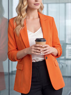 Spring/Summer Women's Fashion Three-Quarter Rolled Sleeve Single-Breasted Casual Blazer, Featuring Trendy Faux Patch Pockets with Decorative Appliqués, Shoulder Pads, and a Lined Interior. Suitable for Daily Casual Wear, Indoor Office Work - Orange-Red