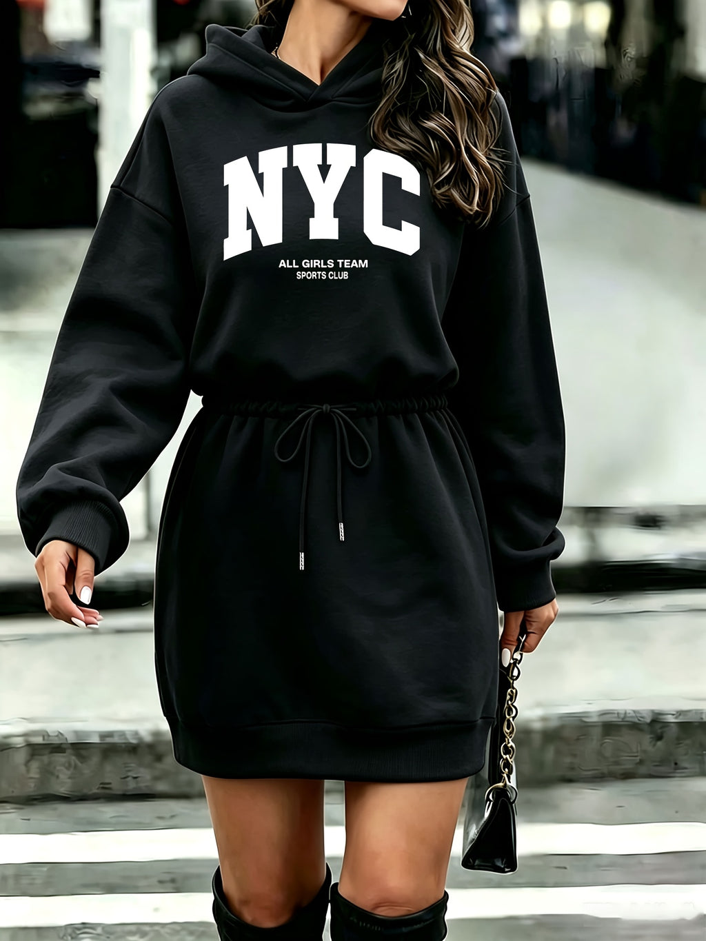 Women'S Tummy Control Drawstring Letter NYC Print Hooded Sweatshirt - Black
