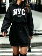 Women'S Tummy Control Drawstring Letter NYC Print Hooded Sweatshirt - Black