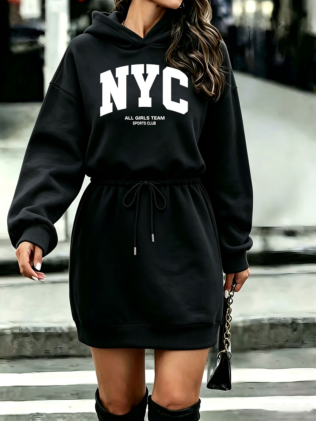 Women'S Tummy Control Drawstring Letter NYC Print Hooded Sweatshirt - Black