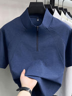 Men's Half-Zip Henley Polo Shirt Short-Sleeve T-Shirt - Summer Zip-Front Collar, Asymmetric Hem & Patchwork Suitable for Outdoor Sports, Casual Wear, Work, Machine Washable Solid Color Stand Collar Shirt - Dark Blue