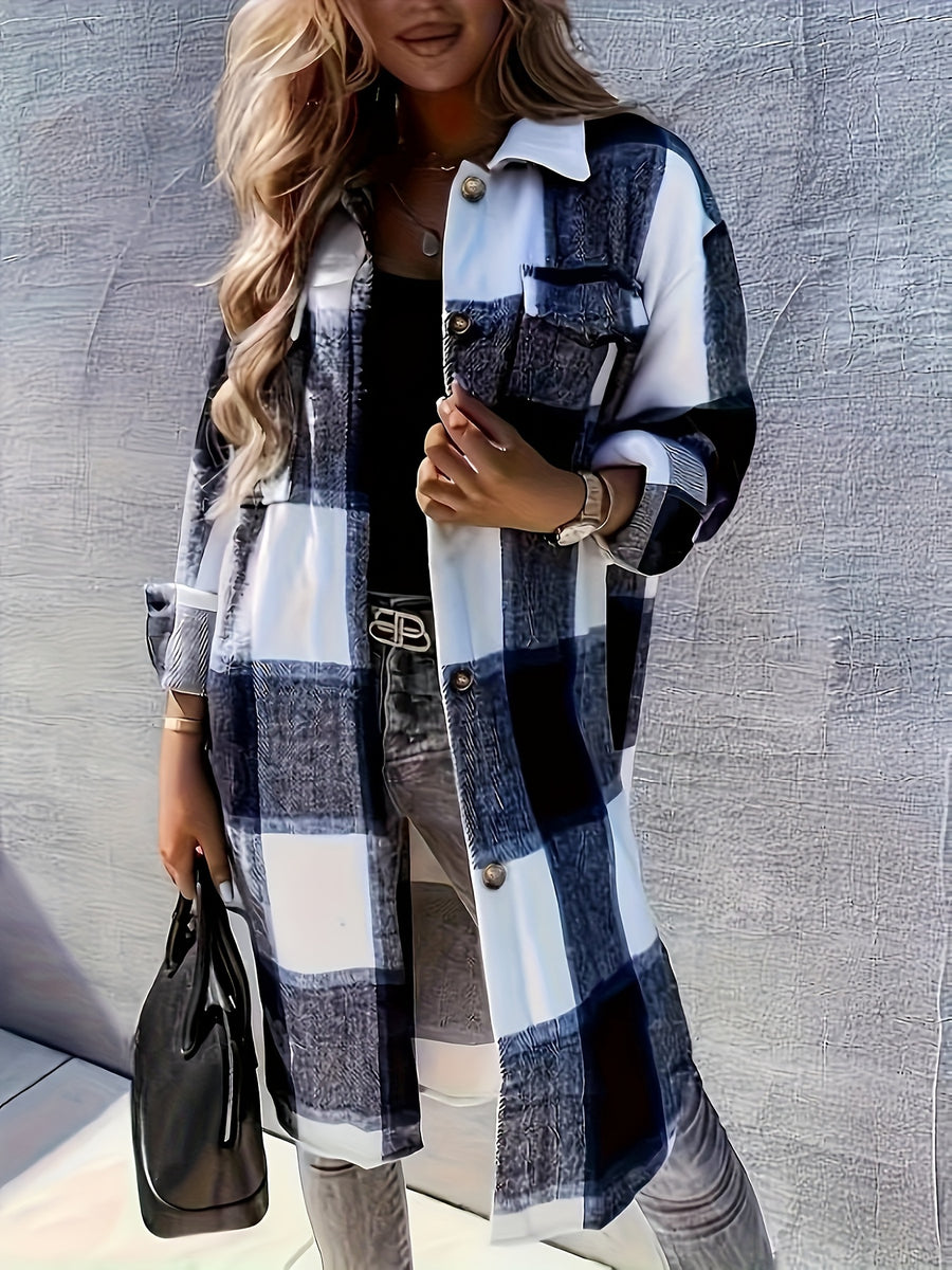 Plaid Print Long Length Jacket, Casual Button Front Flap Pockets Outwear, Women's Clothing - Blue