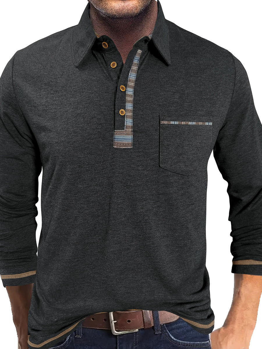 Men'S Retro Trendy Fashion Lapel Long Sleeve Polo Shirt, Casual Stylish Pocket Top T-Shirt - Black