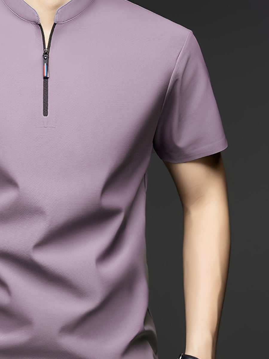 Summer Men'S Short Sleeve T-Shirt, Classic Mandarin Collar with Half Zipper, Smooth And Wrinkle-Resistant, Self-Cooling, Good Drape, Essential Top for Daily, Dating, And Light Business - Taro Purple