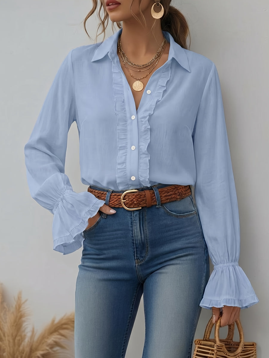 Women'S Solid Elegant Ruffled Button-Up Long Sleeve Shirt - Light Blue