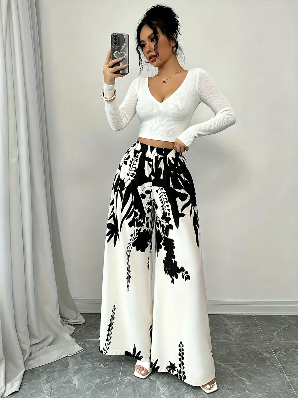 Black White Floral Print Wide Leg Pants Summer Autumn High Waist Palazzo Trousers - Black