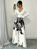 Black White Floral Print Wide Leg Pants Summer Autumn High Waist Palazzo Trousers - Black