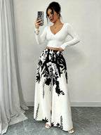 Black White Floral Print Wide Leg Pants Summer Autumn High Waist Palazzo Trousers - Black