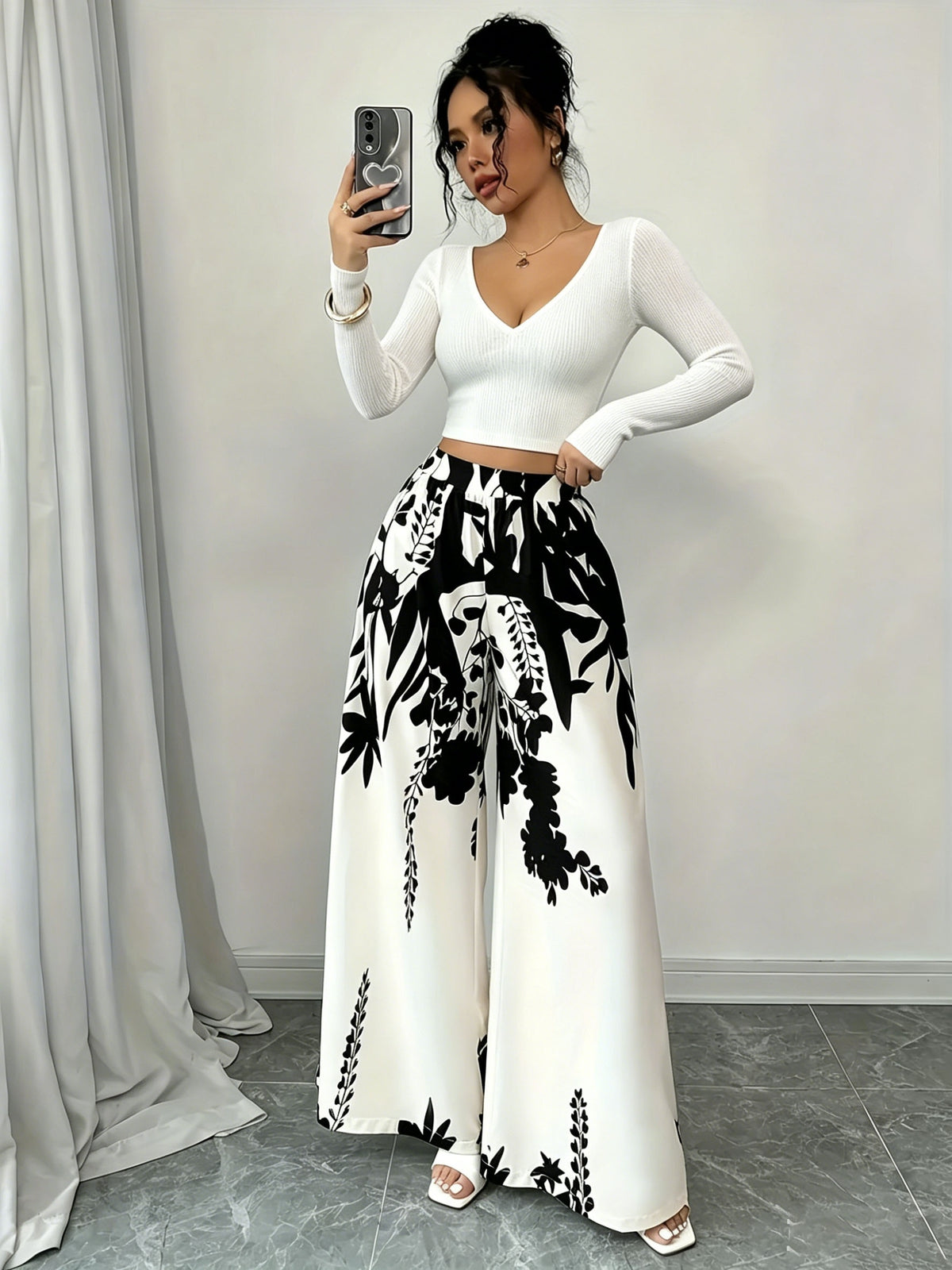Black White Floral Print Wide Leg Pants Summer Autumn High Waist Palazzo Trousers - Black