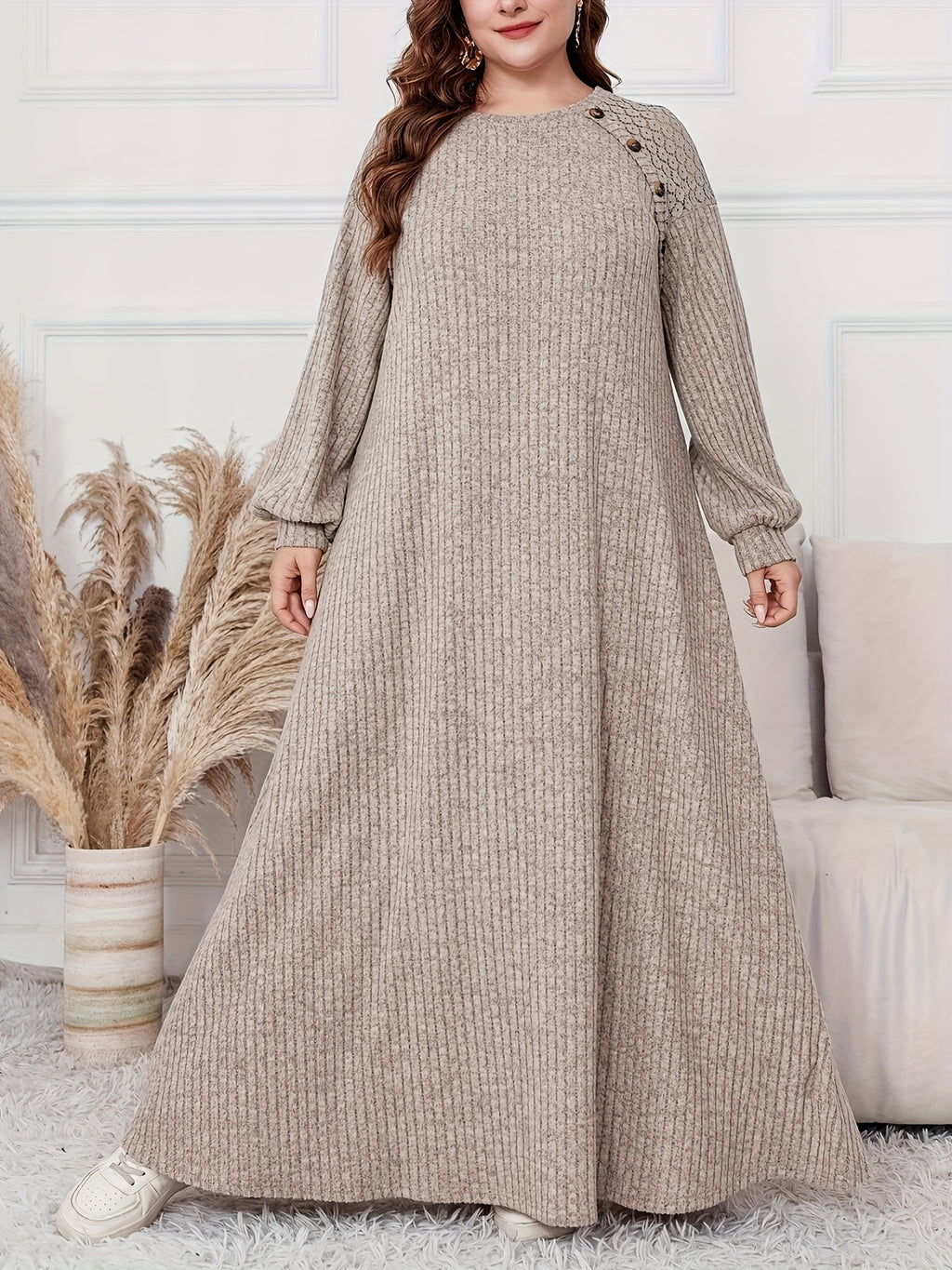 Plus Size, Women's Plus Size Elegant Maxi Dress - Long Sleeve Round Neck H-Line Dress with Wide Hems, All-Season -Length Gown for Weddings, Parties & Casual Attire, Machine Washable (Middle East Collection) - In Stock - Khaki