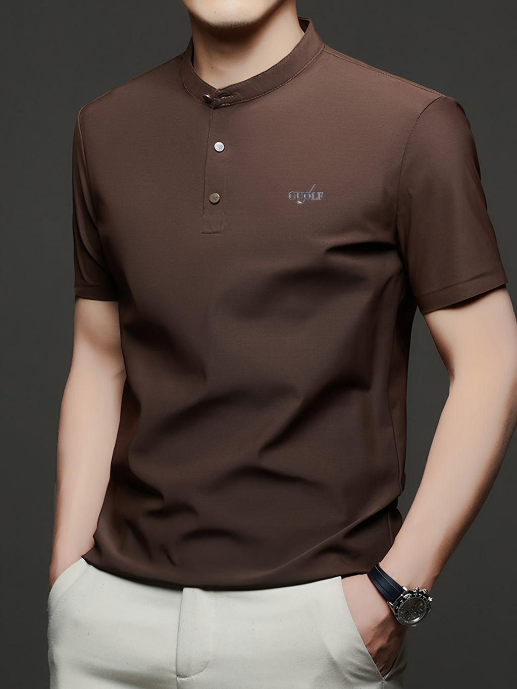 Maqiqi OBM Men's Chinese Style Henley Shirt - Breathable Short-Sleeve -Front Collar Polo, Half-Open Placket Stand Collar Tunic for Business Casual Wear, Layering Base Layer Top Suitable for Office, Golf, Running Gift - Coffee Brown
