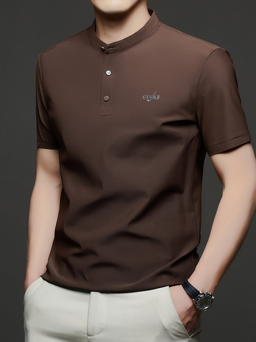 Maqiqi OBM Men's Chinese Style Henley Shirt - Breathable Short-Sleeve -Front Collar Polo, Half-Open Placket Stand Collar Tunic for Business Casual Wear, Layering Base Layer Top Suitable for Office, Golf, Running Gift - Coffee Brown