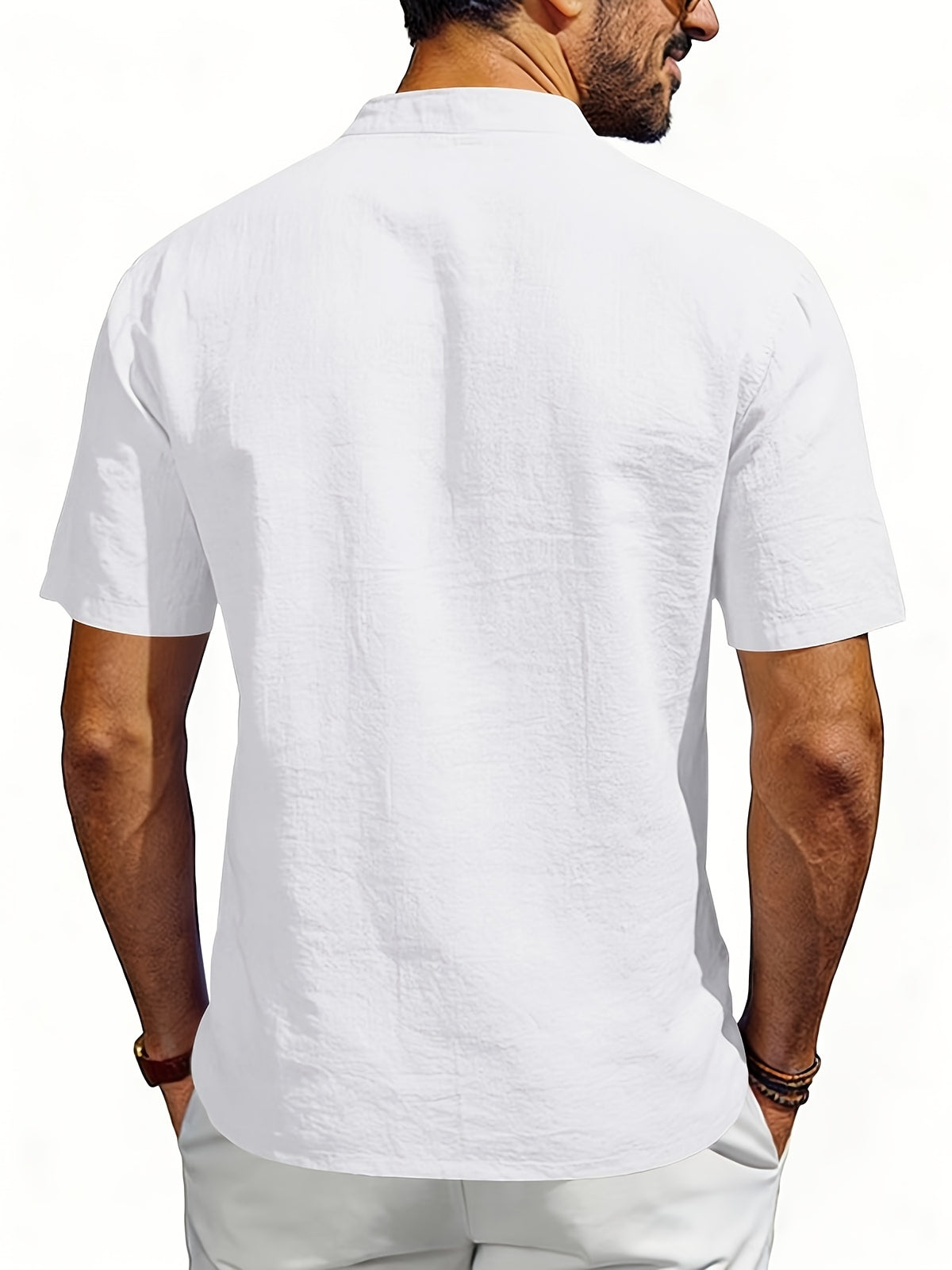 Men's Outdoor Travel Business Simple and Stylish Solid Color V-Neck Half-Open Placket Summer Breathable Comfortable Casual Short-Sleeve Henley Collar T-Shirt - White