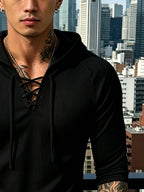 [Josh Mei OBM] Sexy Men'S Nightclub Style Deep V-Neck Lace-Up Hooded Top, Slimming And Flattering, Date Party Statement Piece, Bad Boy Style - Black