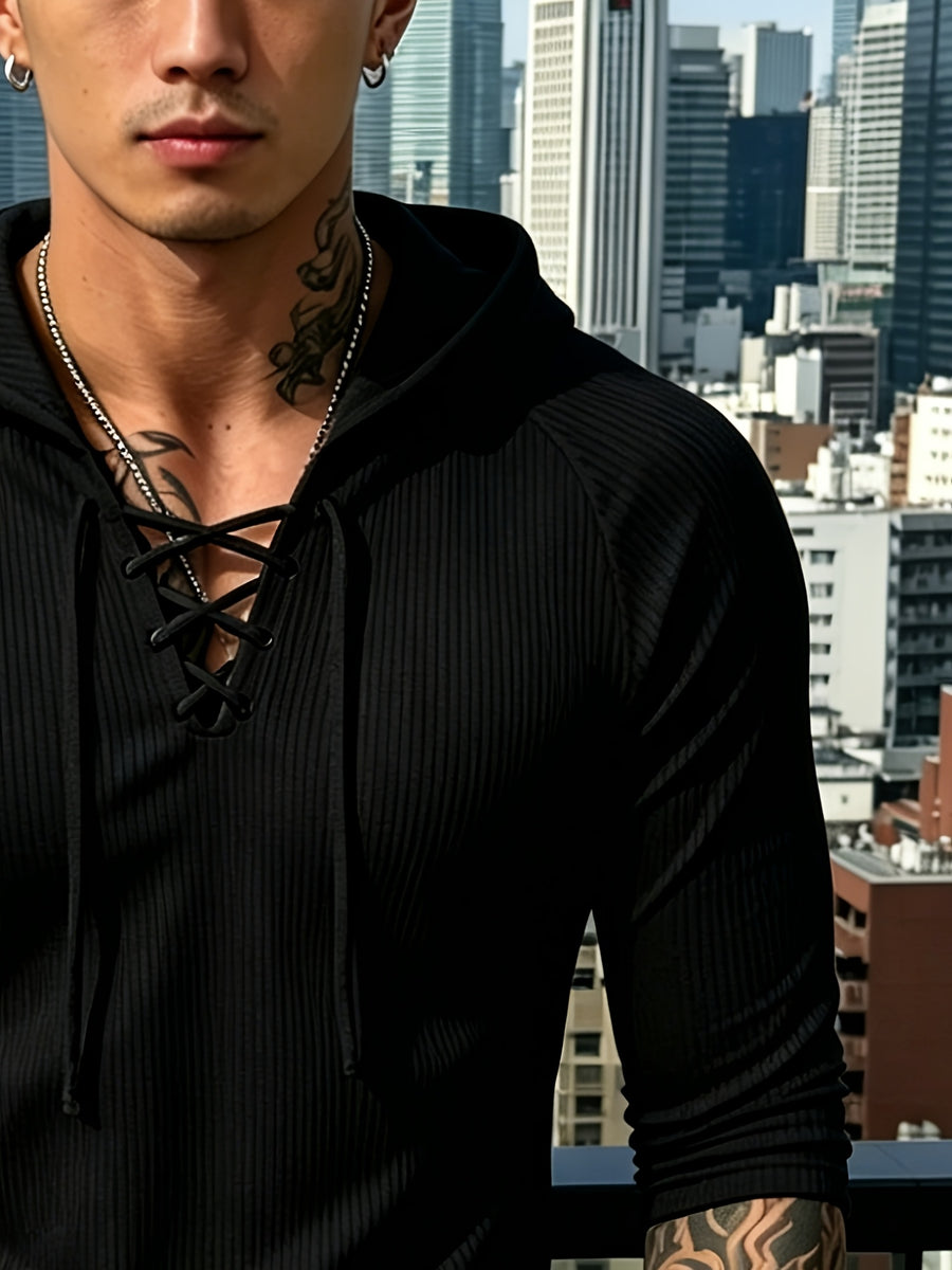 [Josh Mei OBM] Sexy Men'S Nightclub Style Deep V-Neck Lace-Up Hooded Top, Slimming And Flattering, Date Party Statement Piece, Bad Boy Style - Black