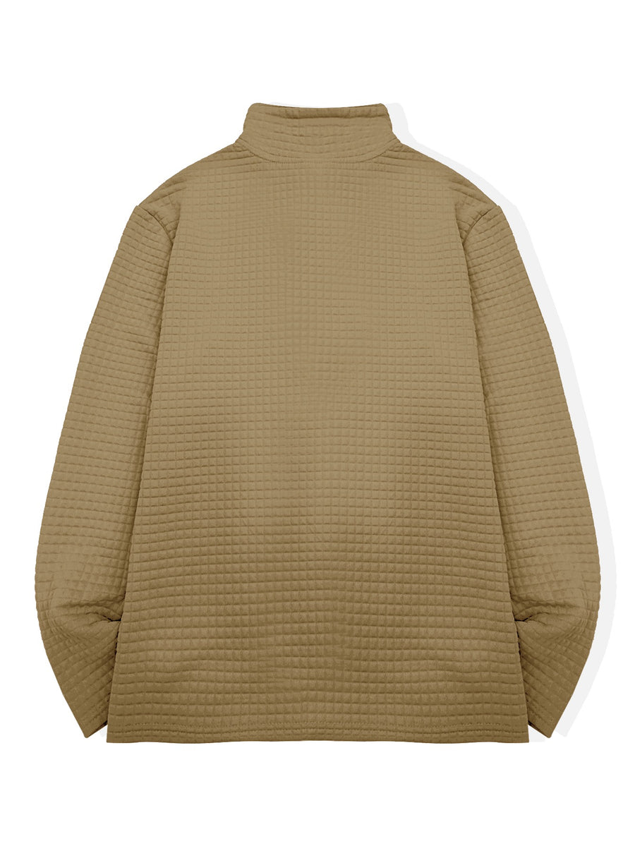 National Charm Tiger Head Line Art Print Floral Waffle Knit Half-Zip Polo Long Sleeve Men's Casual Top, Featuring a Simple and Premium Texture That Complements All Dressing Styles. Easily Create a Minimalist Look, Whether for Daily Commutes - Khaki