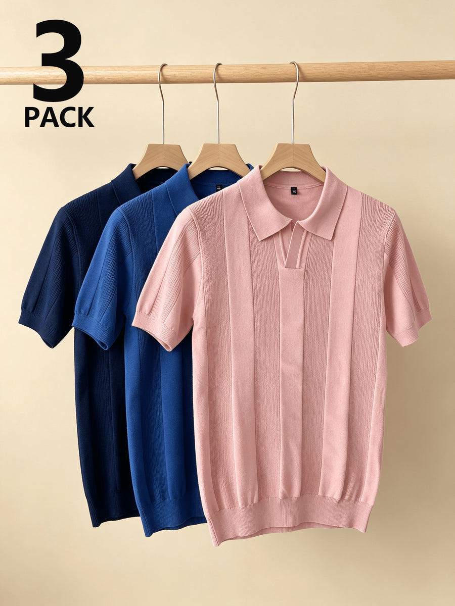 Men 3pcs Vertical Textured Knit Polo Shirts, Slim Fit Notch Collar Short Sleeve Knitwear, Lightweight Comfort Shirts for Office Vacation Daily Wear - Black-Dark Blue-Pink