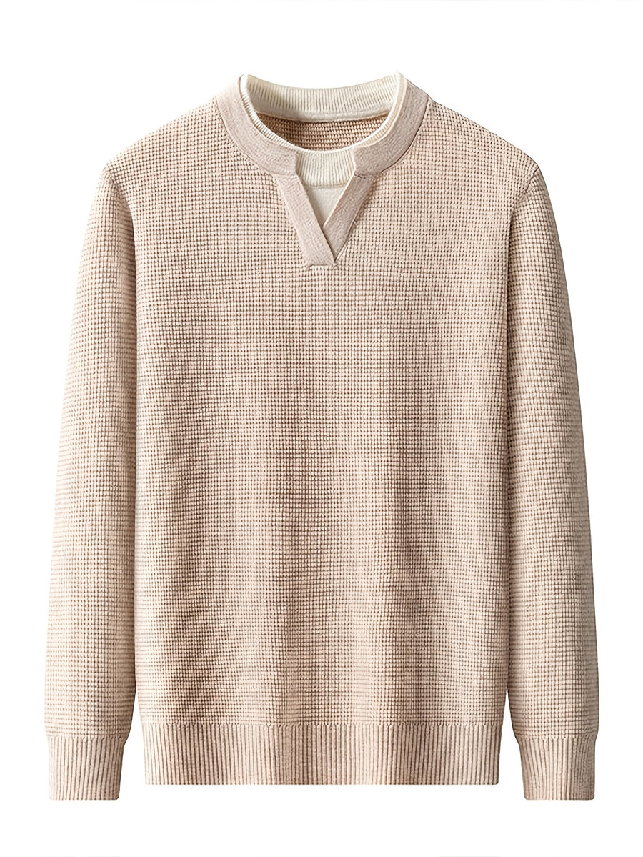Men'S Waffle Fake Two-Piece V-Neck Knit Long Sleeve Top, Burgundy And White Contrast, Focus on Atmospheric Autumn Casual Wear - SINBOS - Beige Color