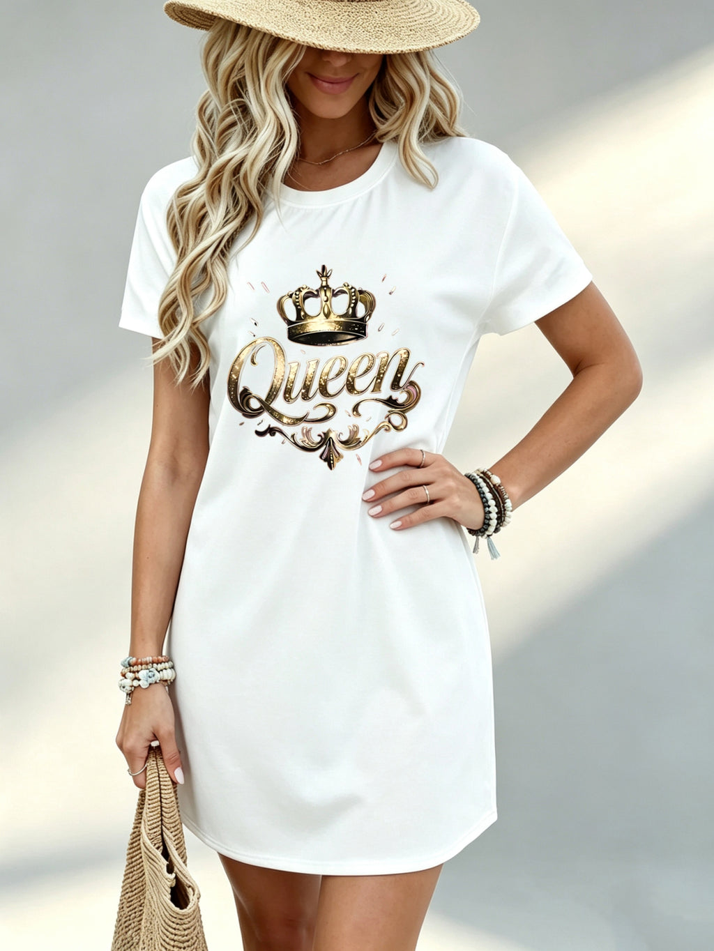 Printed Design Not Textured, Casual Style, Women Dress, Queen Crown Graphic, Daily Wear, Gift for Her, 100 Percent Polyester - White