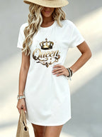 Printed Design Not Textured, Casual Style, Women Dress, Queen Crown Graphic, Daily Wear, Gift for Her, 100 Percent Polyester - White