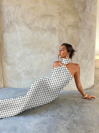 Polka Dot Pattern Elegant and Sexy Metal Buckle Embellished Hollow-out Slim-fit Stretch Knit Dress, Women's Fashionable and Elegant Party Bridesmaid Dress - White And Black