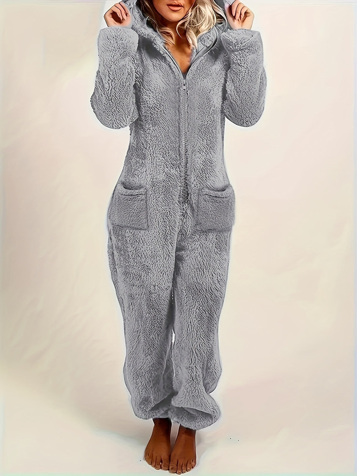 New Autumn/Winter Women's Solid Color Fashionable Warm Double-Sided Jumpsuit, Casual and Versatile Commuter Romper for Women - Grey