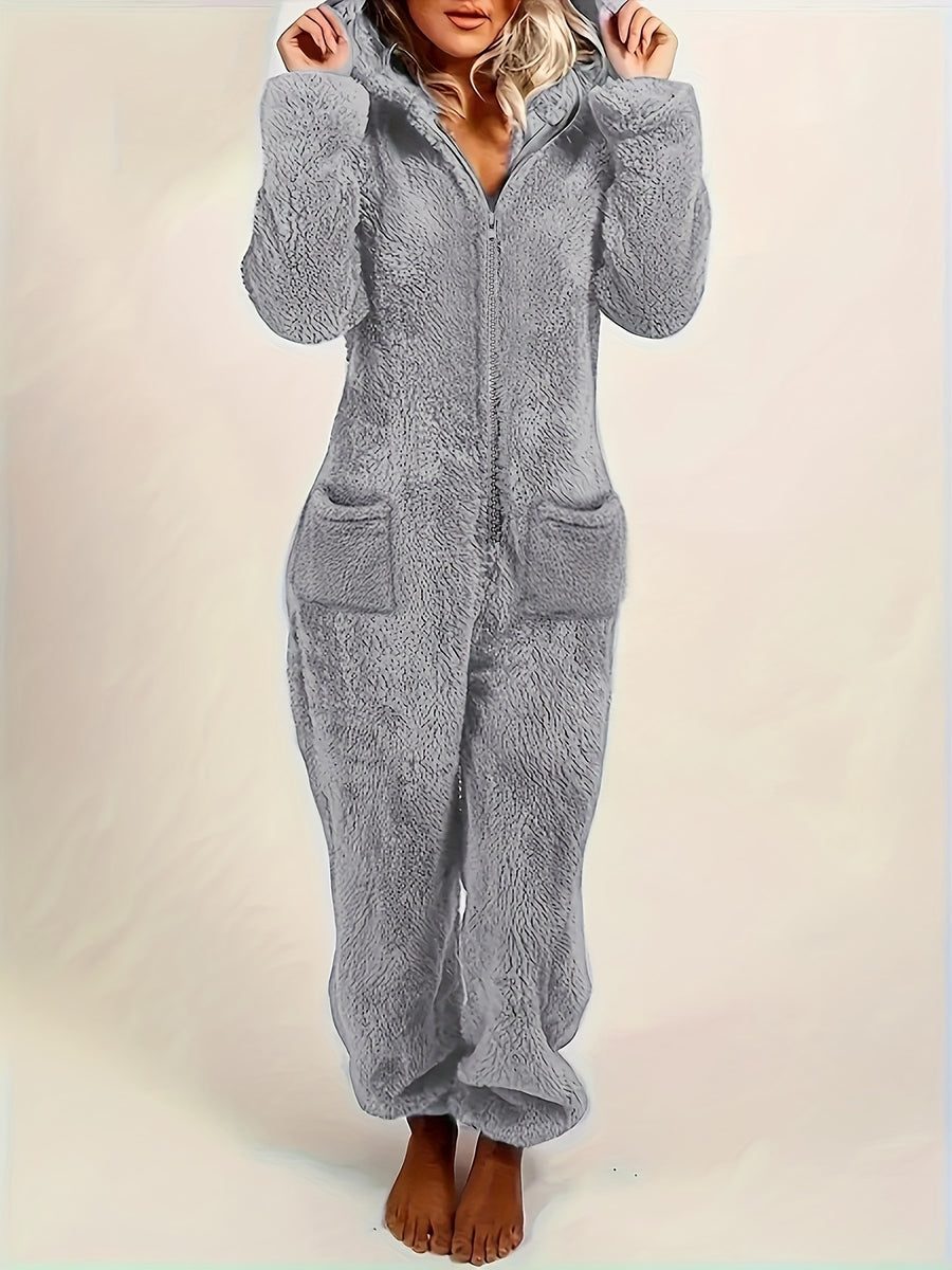 New Autumn/Winter Women's Solid Color Fashionable Warm Double-Sided Jumpsuit, Casual and Versatile Commuter Romper for Women - Grey