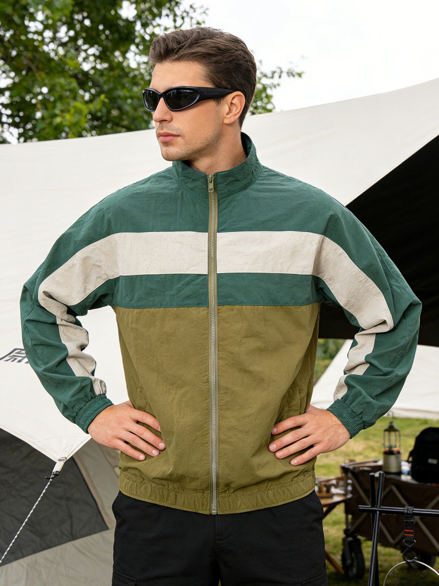 Men'S Color Block Contrast Panel Zip-Up Cardigan – Outdoor Windbreaker Jacket with Stand Collar for Casual Travel Hiking - Green