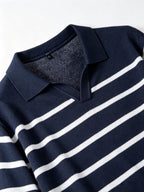 Men's Vintage Nautical Lapel Knit Long-Sleeve Sweater with Classic Thin Horizontal Stripe Design, Relaxed V-Neck Pullover Suitable for Layering or Wearing as a Casual Outerwear Cardigan - Navy Color