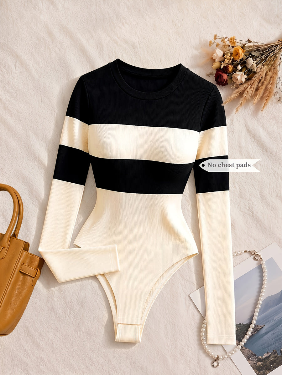 Spring Autumn Striped Long Sleeve Jumpsuit Women'S Niche Easy Color-Block Patchwork Long Sleeve Jumpsuit Fitted Round Neck Tight Jumpsuit Elastic Skin-Fit Inner Top - Apricot Spell Black