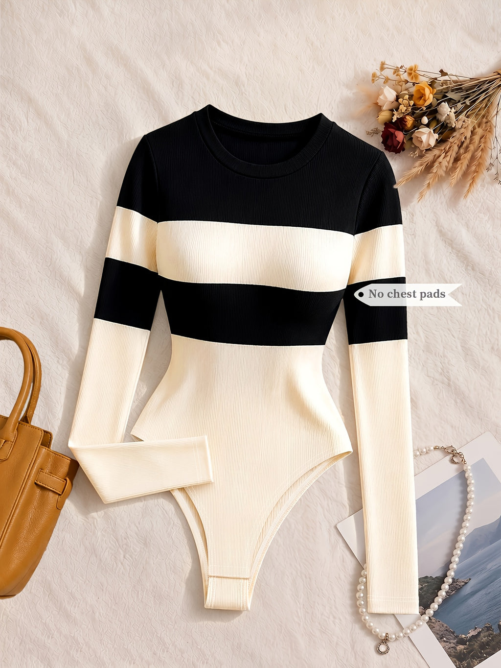 Spring Autumn Striped Long Sleeve Jumpsuit Women'S Niche Easy Color-Block Patchwork Long Sleeve Jumpsuit Fitted Round Neck Tight Jumpsuit Elastic Skin-Fit Inner Top - Apricot Spell Black