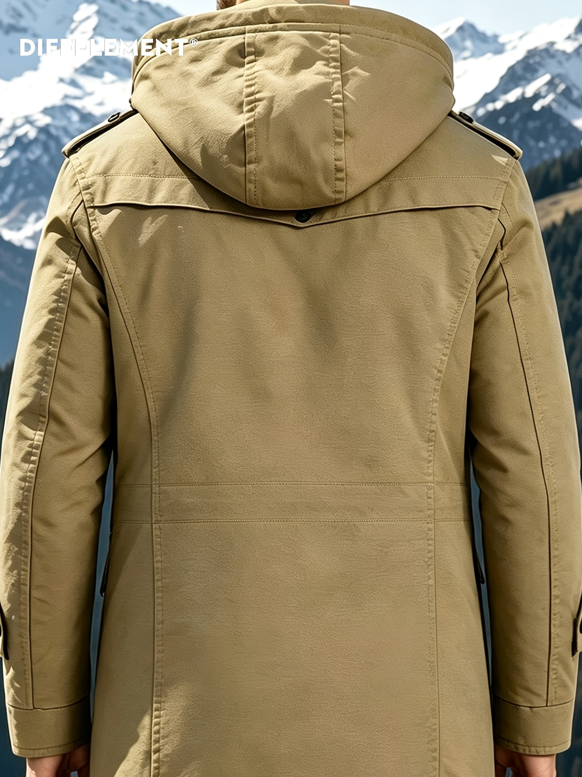 DIFFELEMENT Men's Outdoor Workwear Style Mid-Length Hooded Parka Coat with Fleece-Lined Thickened Lamb's Fleece Interior, Hood, Zipper, Button Double Front Closure, Windproof Multi-Pocket Design, Cold-Resistant, Wear-Resistant, and Warm Padded Coat - Khaki
