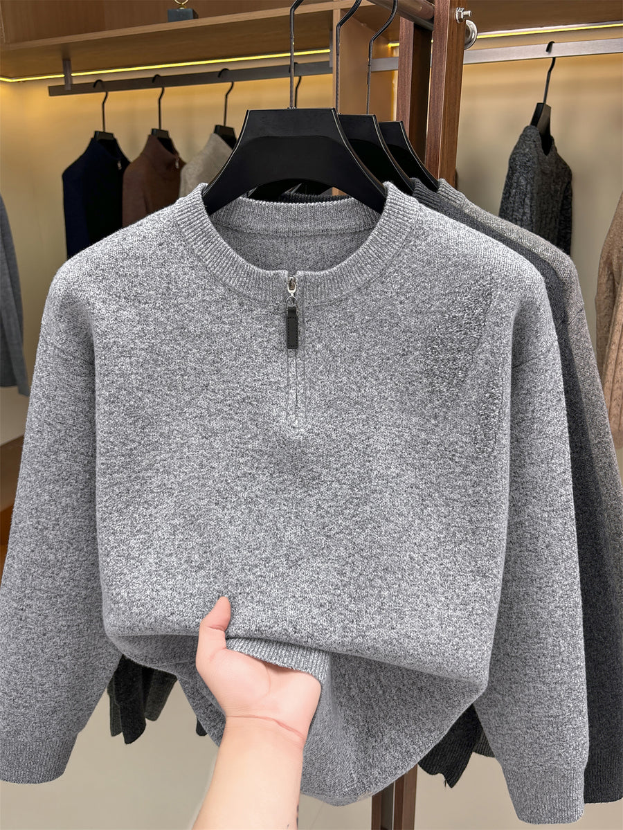 ZBZP Men's Solid Color Half-Zip Sweater - Warm Winter Knit Sweater Suitable for Fall/Winter, Crew Neck Half-Zip Pullover with Half-Zip Front Panel, Casual Long Sleeve Knitwear for Office & Casual Attire, Basic Solid Color Sweater - Light Grey