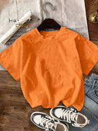 Graphic Print T-shirt, Short Sleeve Crew Neck Casual Top for Summer & Spring, Women's Clothing - Orange