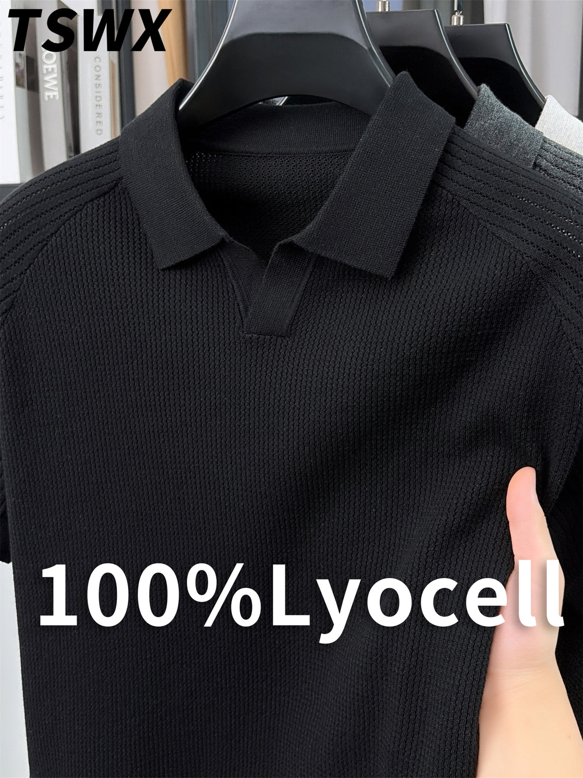 TSWX 100% Summer Knitted Solid Color Lapel Sweater, Basic POLO Knit Shirt, Men's Fashion Knit Short Sleeve Top, Men's Outerwear, Ideal - Black