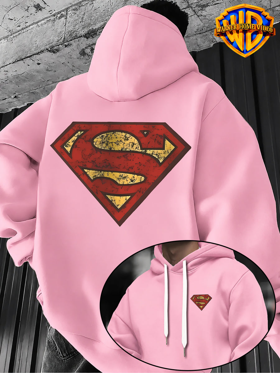 WB Warner Bros Official Superman Vintage Hoodie - Men's & Unisex Distressed Shield Logo Sweatshirt with S-Shield Back Print, Adjustable Hood, Loose Fit, Double-Sided Iconic WB Logo & Superman Emblem for Casual Wear, Machine Washable Warmth - Pink