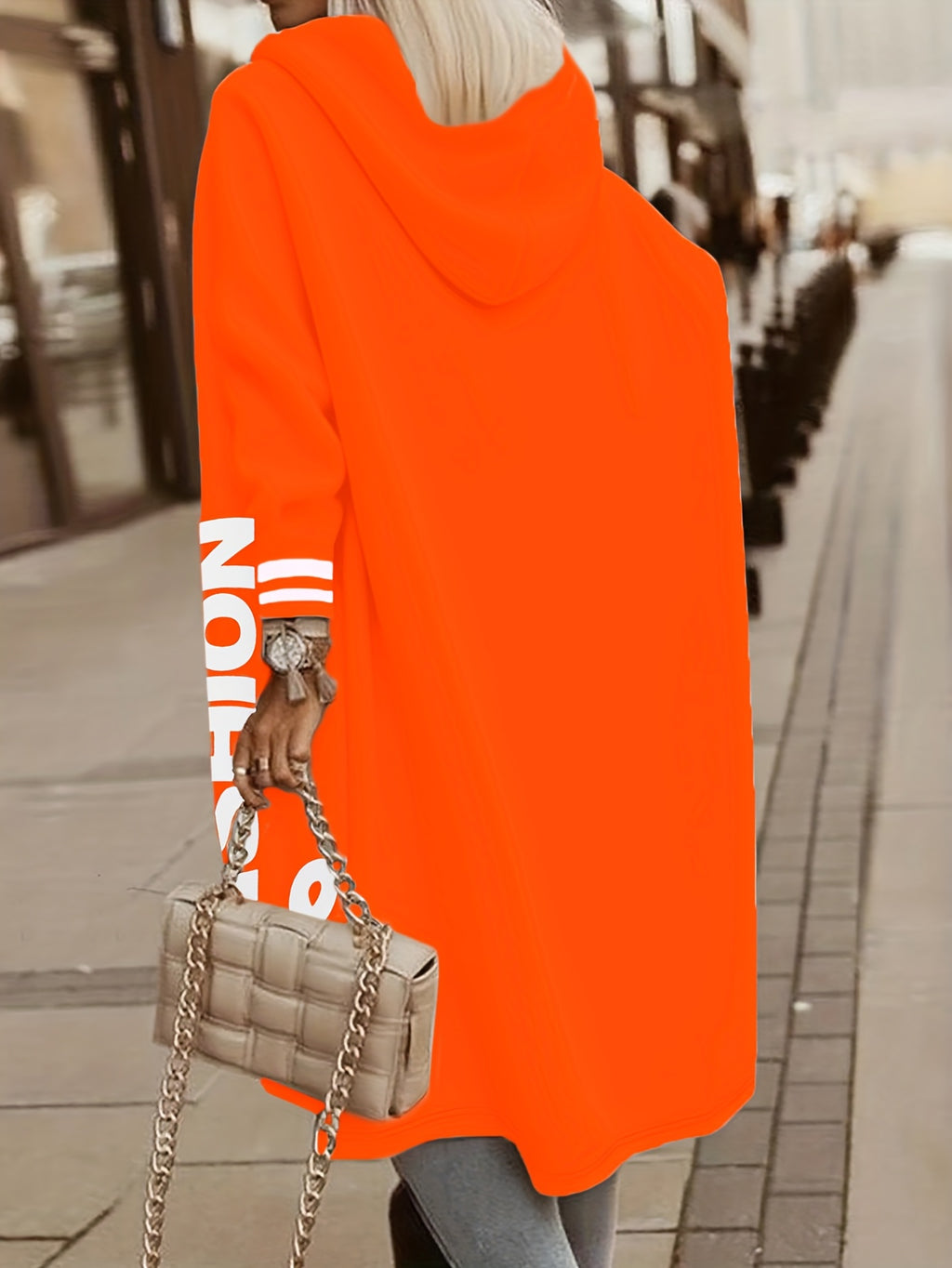 New Casual Fashion Printed Hooded Jacket, Soft -lined Mid-length Zip-up Jacket with Letter Print, Long-sleeve Outerwear for Women in Solid Colors for Autumn/winter, Comfortable Casual Attire for Women, Suitable for Indoor and Casual Outings 2A9790 - Orange Red
