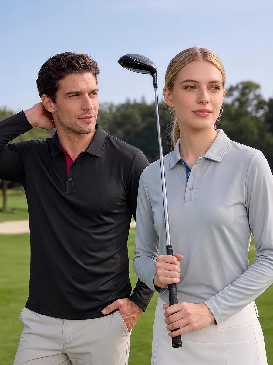 5pcs Men'S Long Sleeve Polo Shirts, 150GSM Lightweight Quick-Dry Breathable Golf Shirts, Contrast Placket Collar T-Shirt Men, Work Shirts, High-Quality Golf Clothing for Outdoor Training, Travel, Business Casual, Spring And Fall - White+Blue+Grey+Black+Navy
