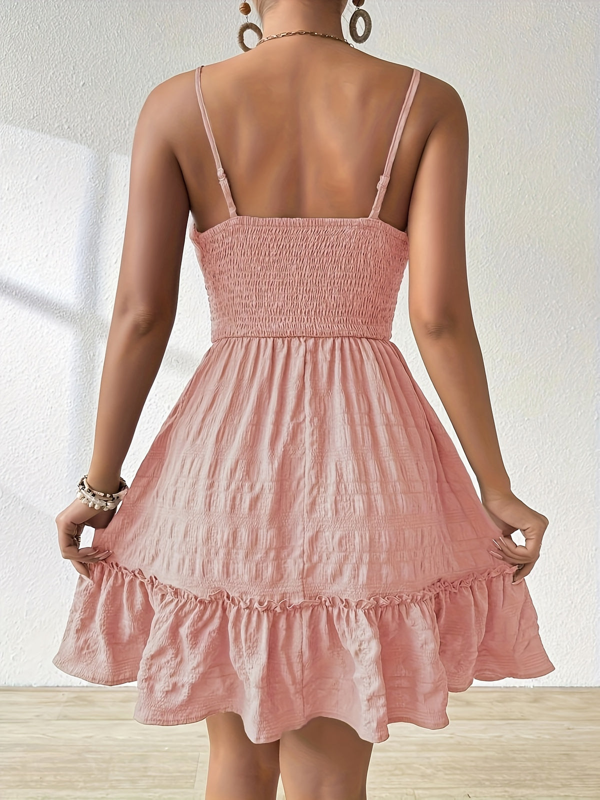 Women'S Vibrant Green Ruched Mini Dress with Adjustable Spaghetti Straps, Backless Design & Tiered Ruffle Hem - Lightweight Summer Casual Dress for Beach or Vacation, Beach Dresses, Vacation Attire, Ruched Texture, Fabric - Pink