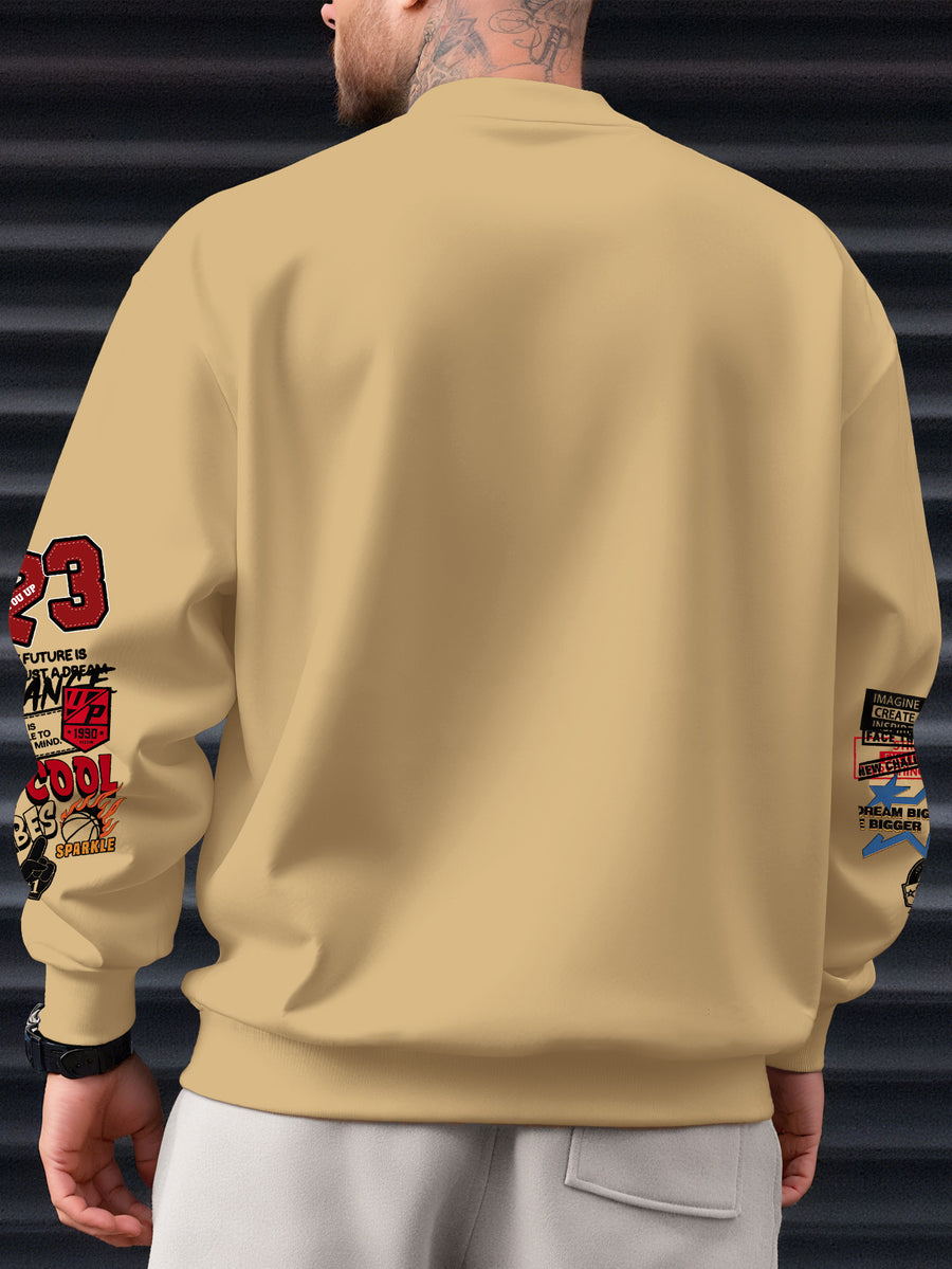 Men's Vintage '23' Number & Retro Logo Sweater - Relaxed Fit Round Neck Sweashirt, Machine Washable Casual Sweaters for Travel, Commuting, Parties (Non- Pullover) - Khaki