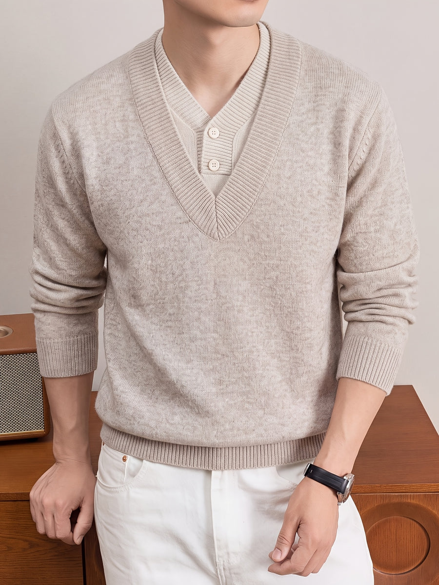 Autumn/Winter Thickened V-Neck Sweater, Men's Warm Casual Knit Top, Suitable for Daily Commuting and Business - Apricot