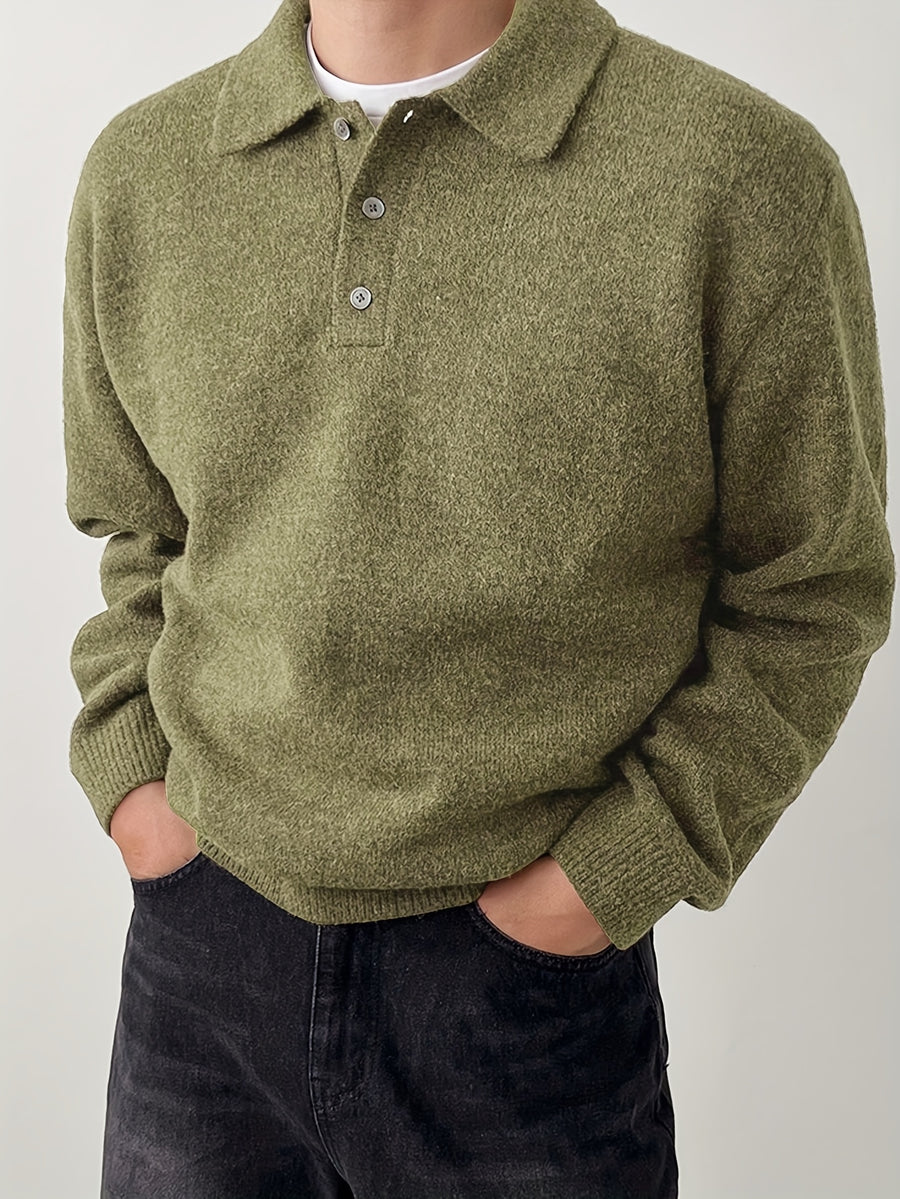 Men's POLO Collar Sweater for Autumn/Winter, Lazy-Style High-End Winter Pullover, Inner Layer Base Top, Lapel Knit Outerwear, Thick Jacket - Olive