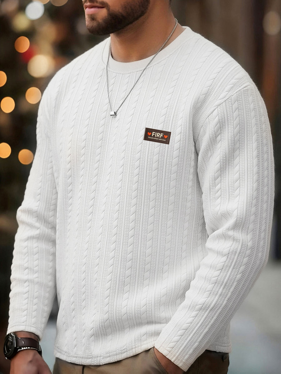 Men's Round Neck Fashionable Vintage Artistic Style Jacquard Knit Textured Fabric Autumn/Winter Long Sleeve Casual Outerwear Regular Fit Versatile Top for Dates, Gatherings, and Outings - White
