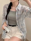 2026 Spring Summer Blue White Checkered Shirt Women'S Vintage Lapel Loose Thin Sheer Long Sleeve Open Cardigan Lazy Style Breathable Versatile Commute Travel Layering Casual Plaid Shirt Jacket - Mixed colors