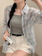 2026 Spring Summer Blue White Checkered Shirt Women'S Vintage Lapel Loose Thin Sheer Long Sleeve Open Cardigan Lazy Style Breathable Versatile Commute Travel Layering Casual Plaid Shirt Jacket - Mixed colors