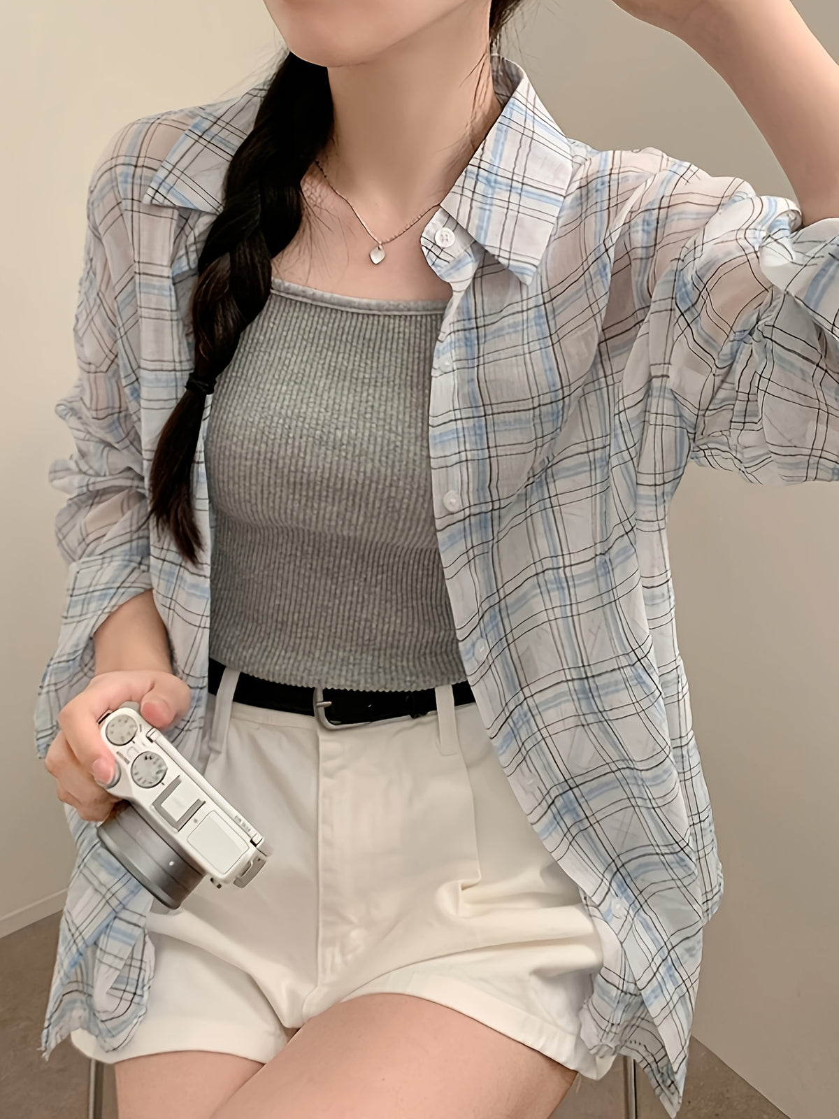 2026 Spring Summer Blue White Checkered Shirt Women'S Vintage Lapel Loose Thin Sheer Long Sleeve Open Cardigan Lazy Style Breathable Versatile Commute Travel Layering Casual Plaid Shirt Jacket - Mixed colors